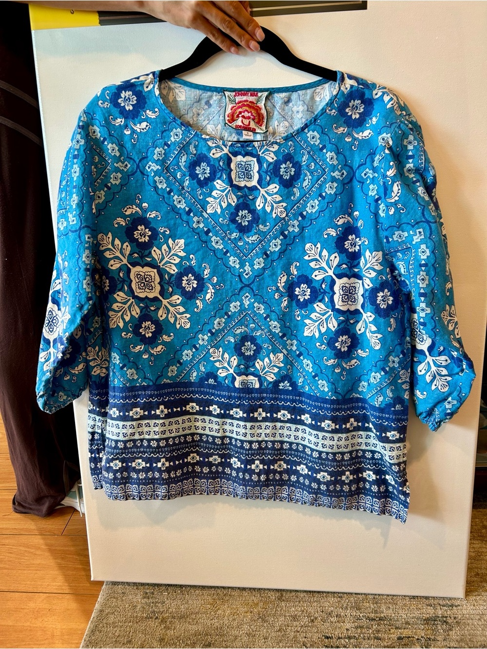 Johnny Was Turquoise and Navy Floral Bandana Tunic Top